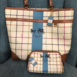 Coach Heritage Tattersall Large Tote w/makeup bag